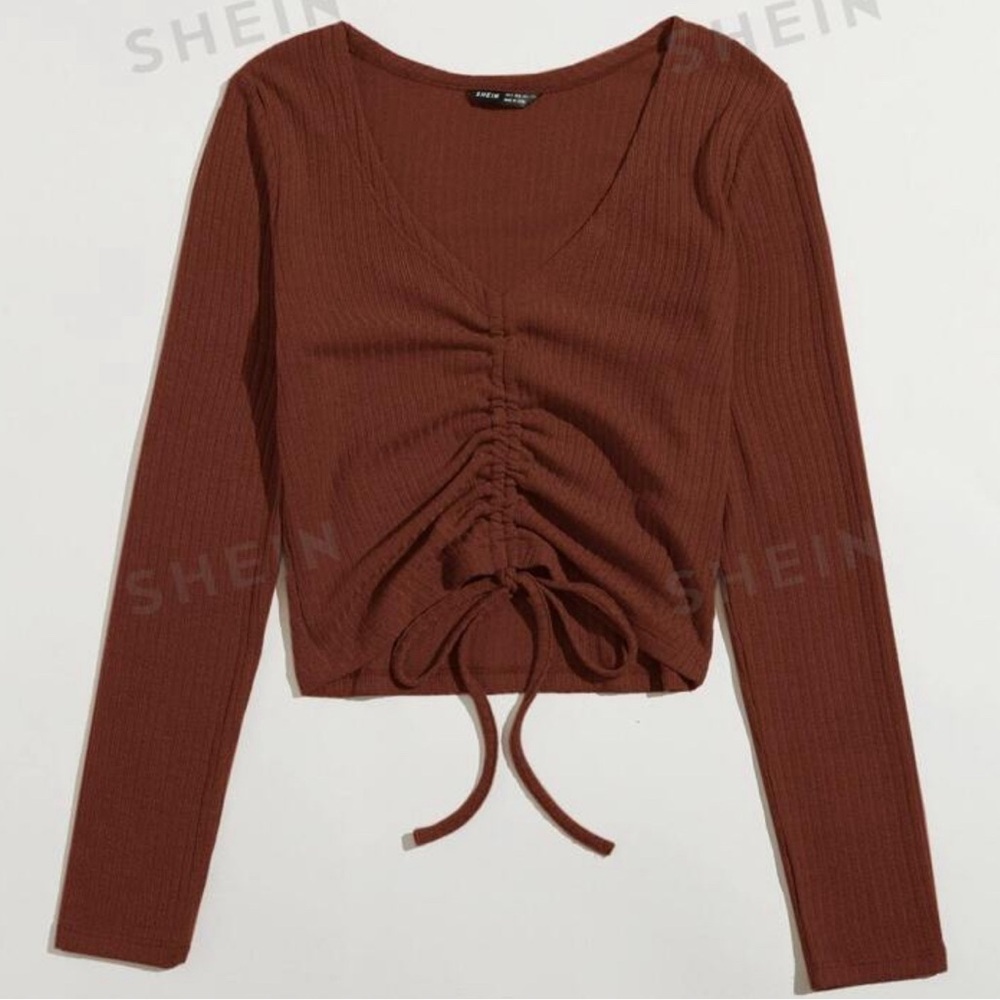 Drawstring Front Lettuce Trim Rib-Knit Tee Brown